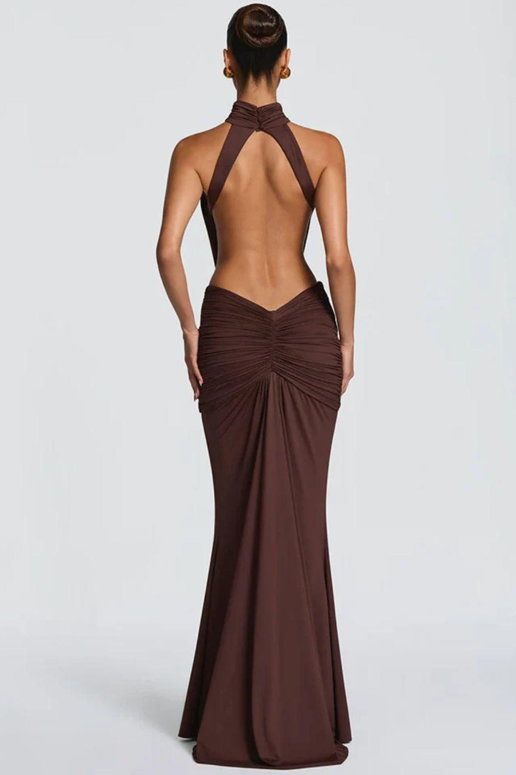 Women’s Maxi Dress with Ruched Halter Neckline and Asymmetric Waist Cutouts