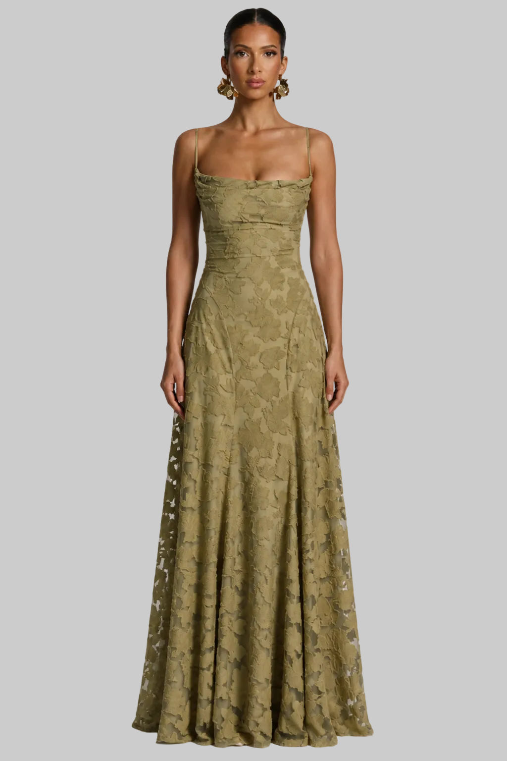Women’s Maxi Dress with Cami Straps and Floral Brocade Texture