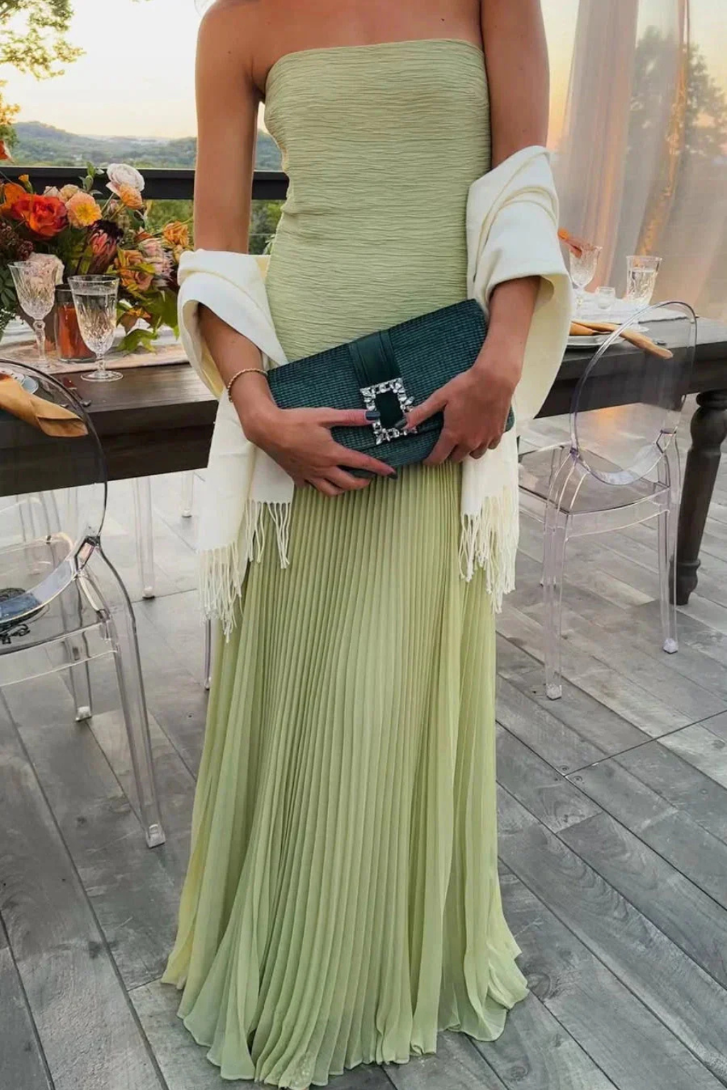 Women Strapless Pleated Drop Waist Wedding Guest Maxi Dress