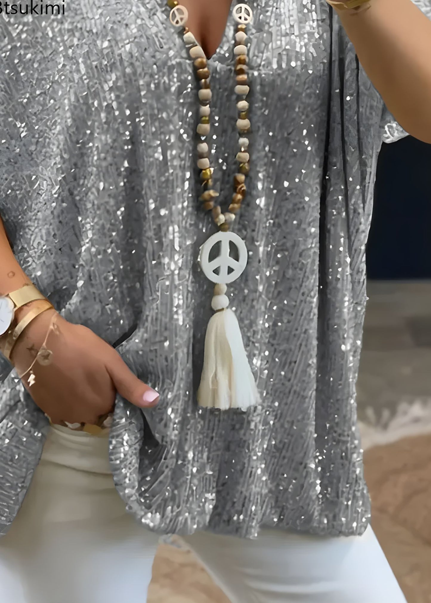 Women¡¯s Sequin V-Neck Tunic Top Loose Fit Oversized Short Sleeve Party Blouse