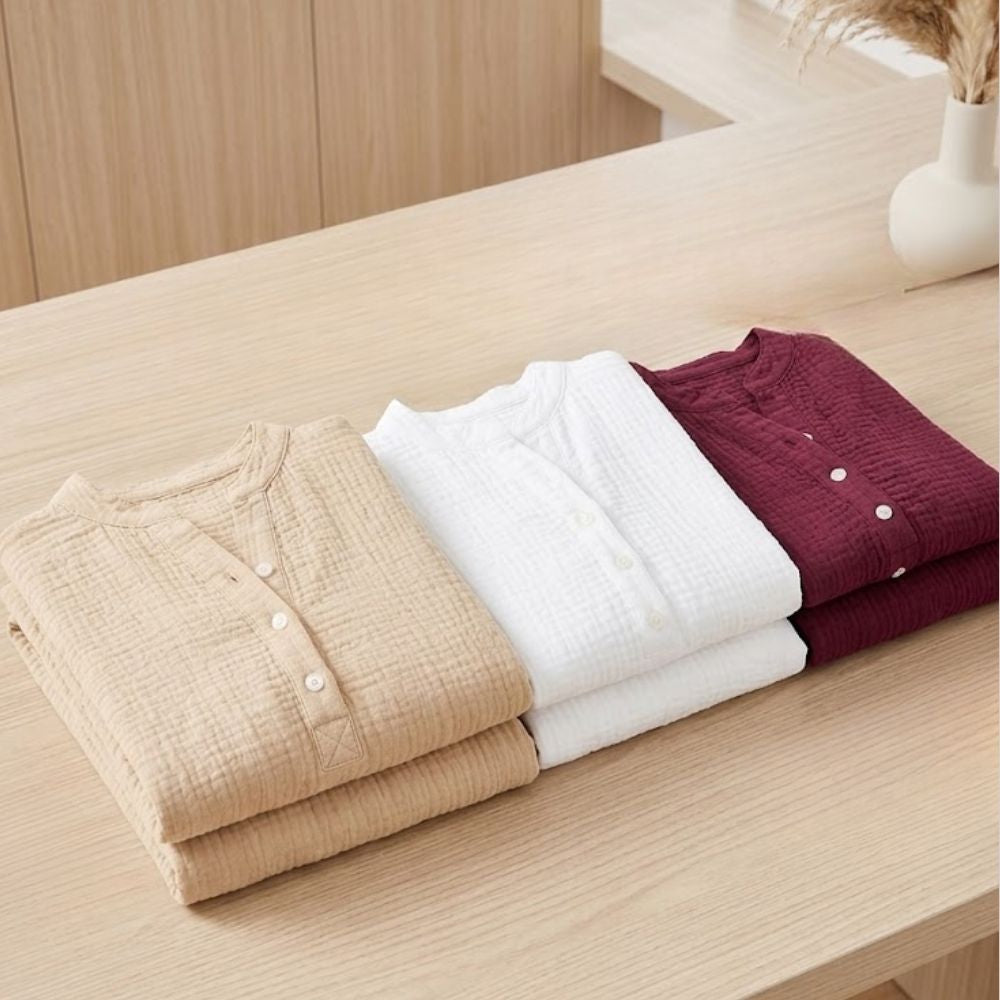 Women's Henley Blouse with Textured Gauze Fabric and Long Sleeves