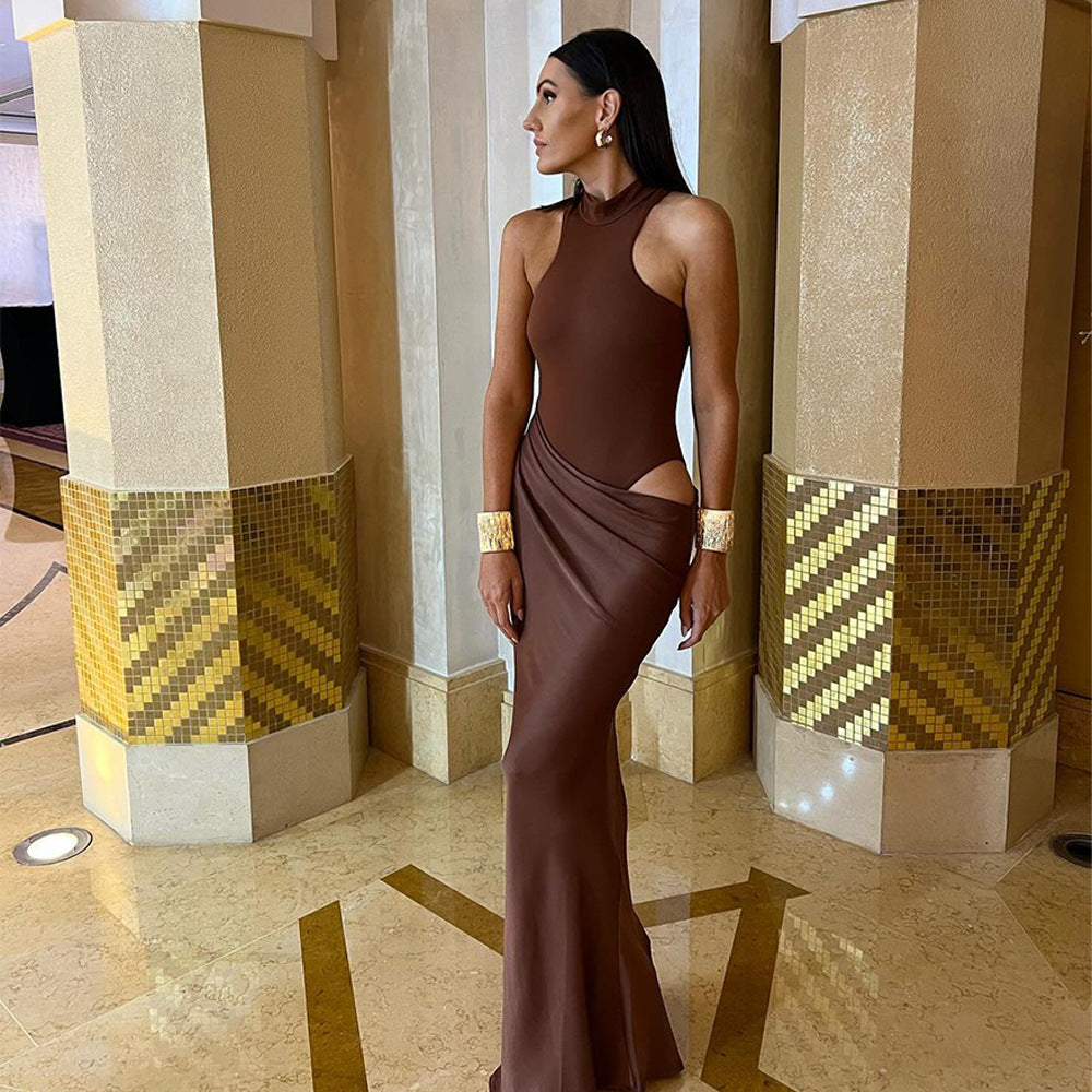 Women’s High Neck Maxi Dress with Draped Asymmetric Satin Skirt