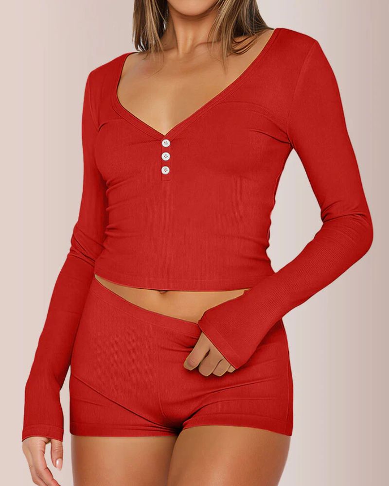 Women’s Ribbed Lounge Set with Henley Button Long Sleeve Top