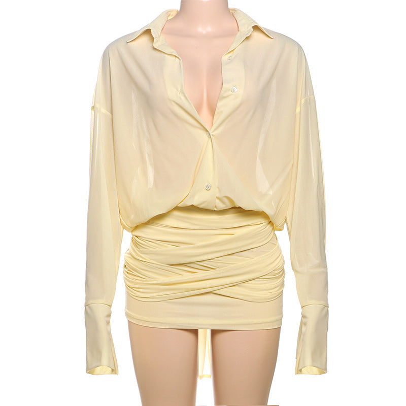 Women’s Ruched Mini Dress with Sheer Oversized Long Sleeve Top