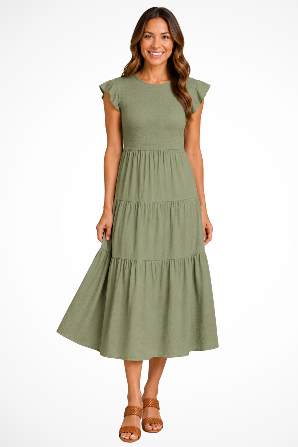 Tabitha | Women Flutter Sleeve Shirred Tiered Summer Midi Dress