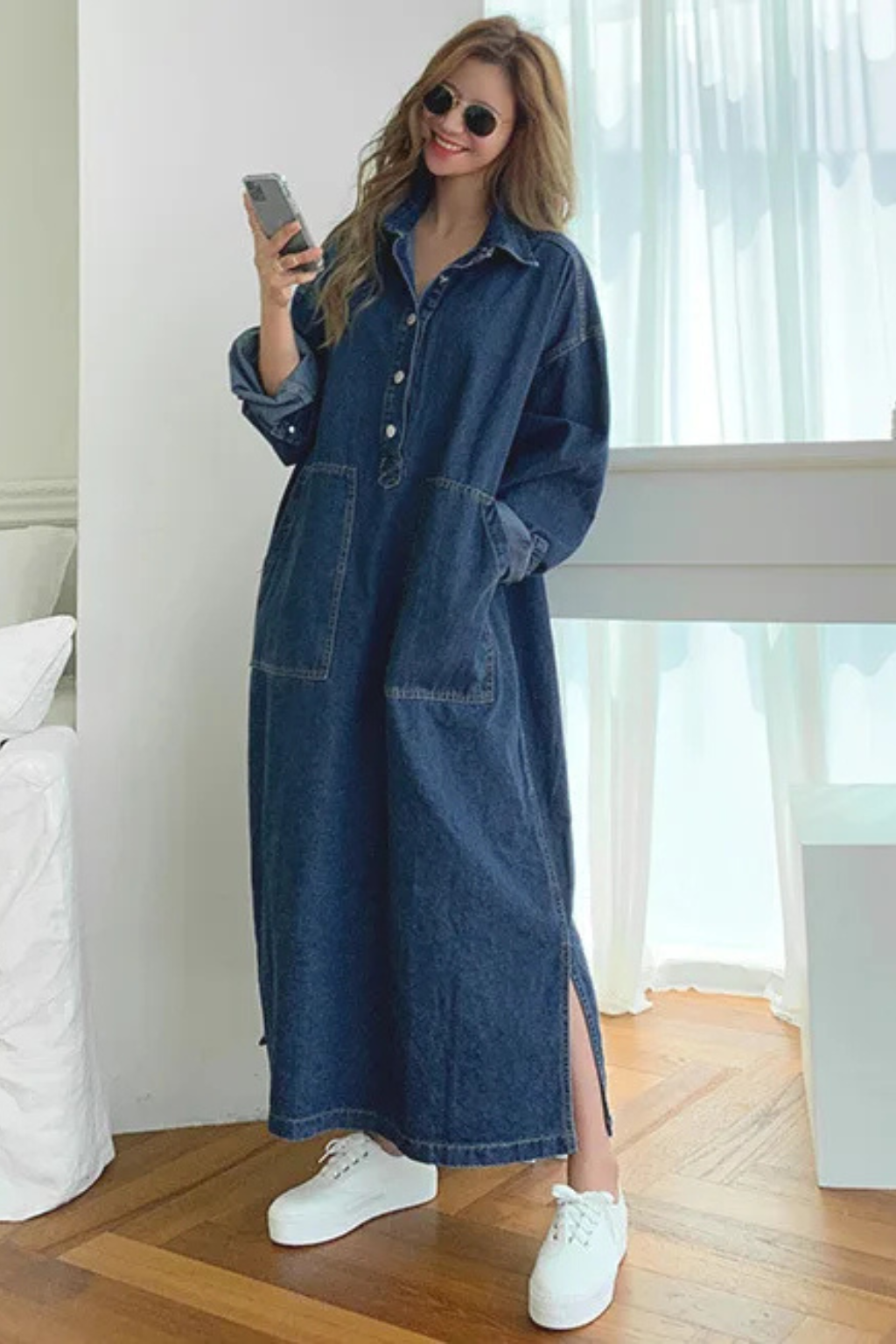 Women’s Maxi Dress with Oversized Denim Silhouette and Functional Patch Pockets