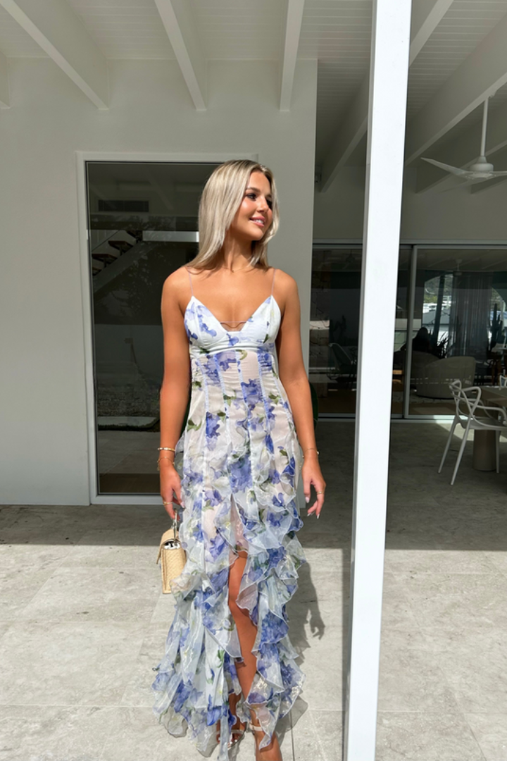 Women’s Floral Ruffle Maxi Dress Sleeveless V Neck Tiered Wedding Guest Gown