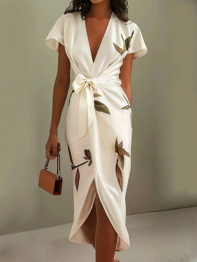 Women's Botanical Print Wrap Dress with Cinched Waist for Elegant Occasions