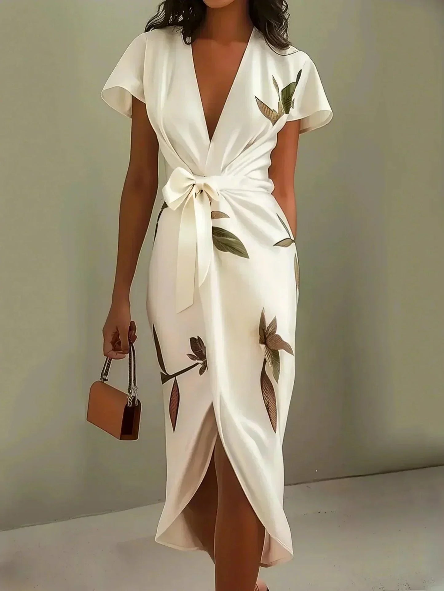 Women's Botanical Print Wrap Dress with Cinched Waist for Elegant Occasions