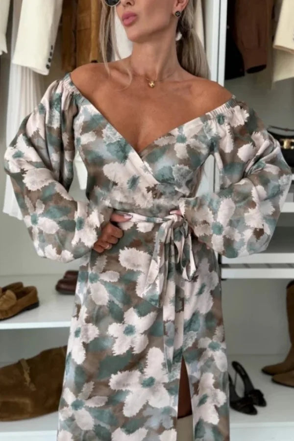 Women's Long Sleeve V-Neck Maxi Dress with Waist Tie and Side Slit Detail
