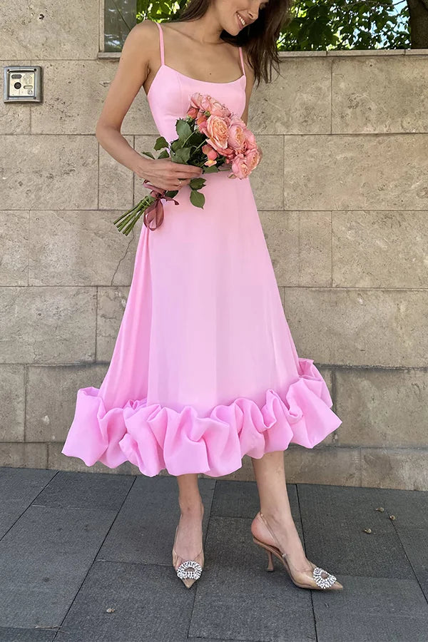 Women’s Flounce Hem Bustier Midi Dress with Tulle Ruffle Skirt