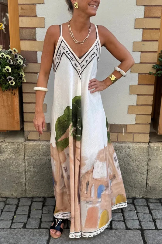 Women’s Suspender Maxi Dress with Artistic Ink Flower Print and V-Neck Detail