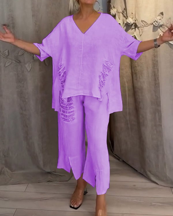 Women’s Two Piece Set V-Neck Oversized Top and Cropped Wide Leg Pants