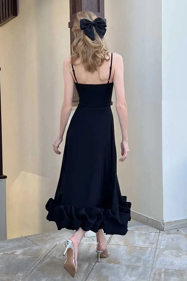 Women’s Flounce Hem Bustier Midi Dress with Tulle Ruffle Skirt