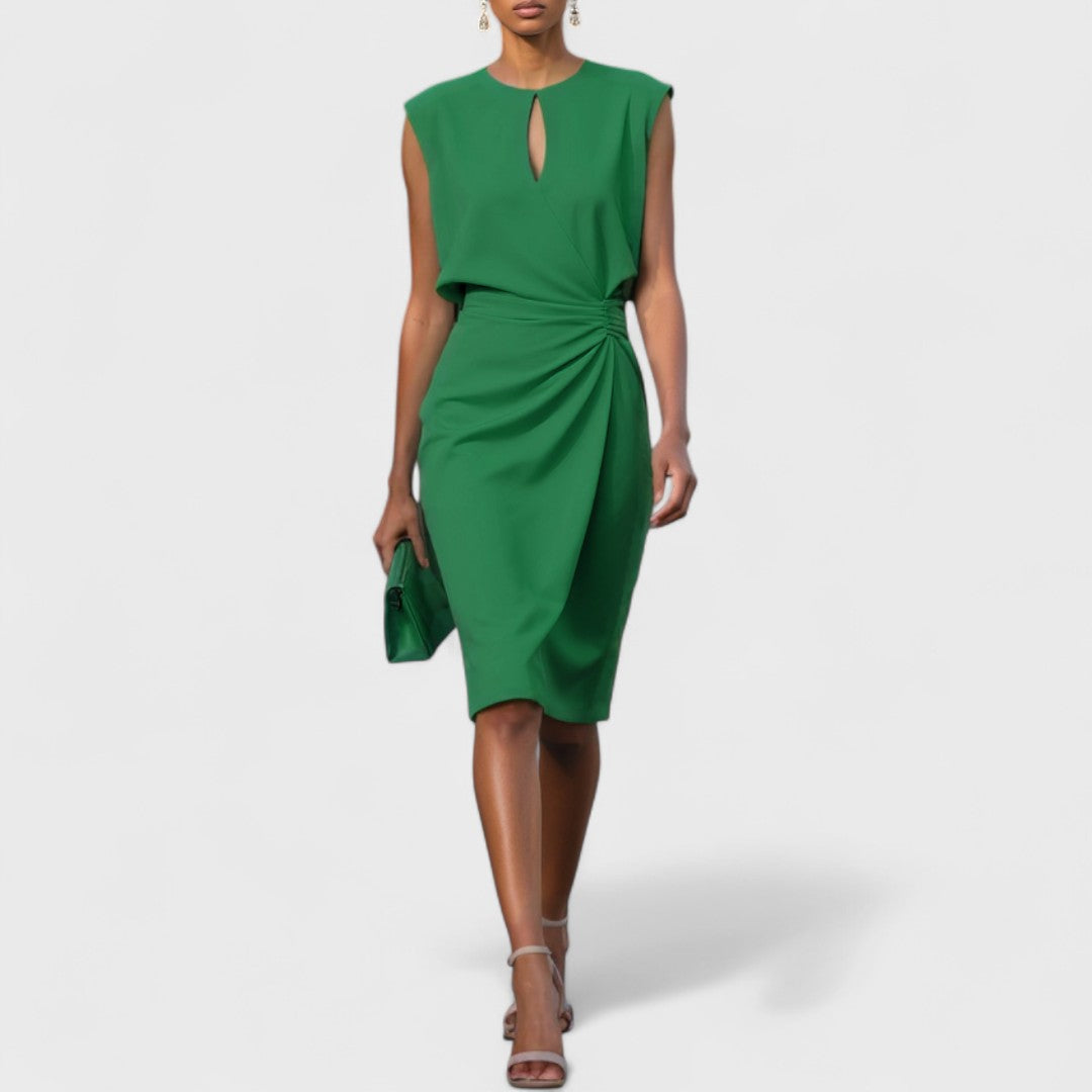 Women's Midi Sheath Dress with Keyhole Neckline and Side Pleat Detail