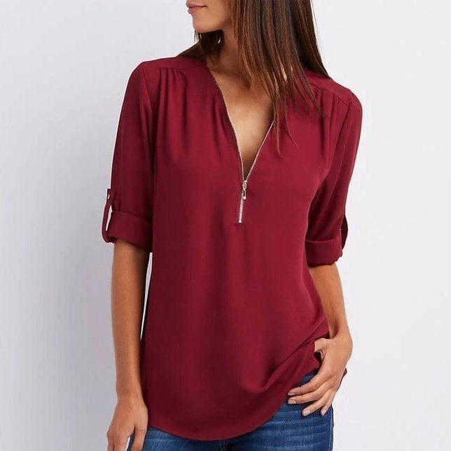 Women's Blouse Zip-Up V-Neck Roll-Tab Half Sleeve Casual Tunic Top