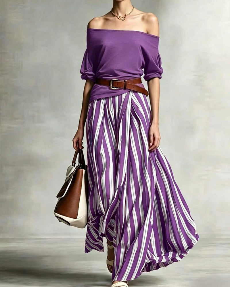 Women's Striped Maxi Skirt Set with Off-Shoulder Top for Effortless Style