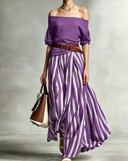 Women's Striped Maxi Skirt Set with Off-Shoulder Top for Effortless Style