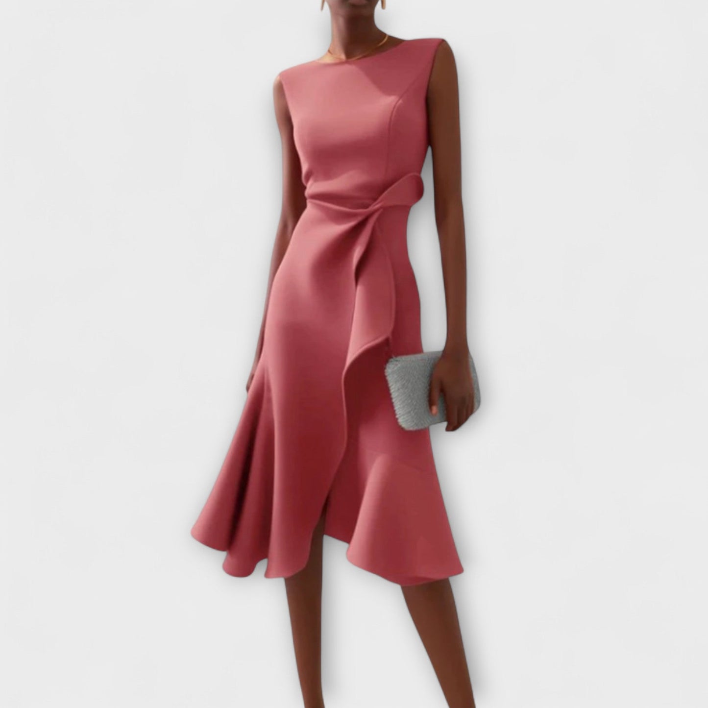 Women’s Midi Dress with Asymmetric Draped Ruffle and Sleeveless Fit