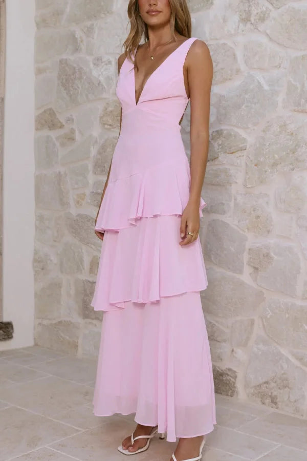 Women’s Sleeveless Maxi Dress with Tiered Skirt and Deep V-Neckline