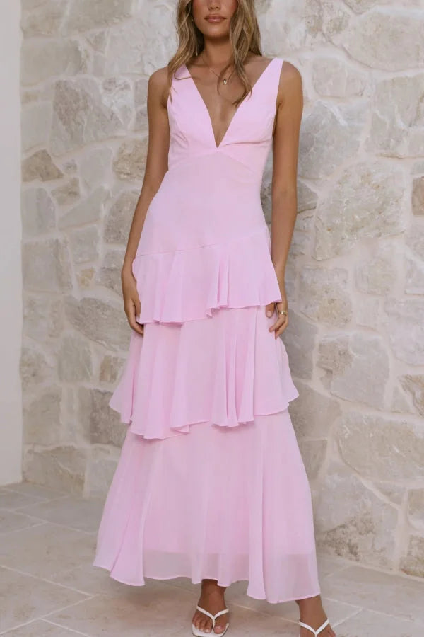 Women’s Sleeveless Maxi Dress with Tiered Skirt and Deep V-Neckline