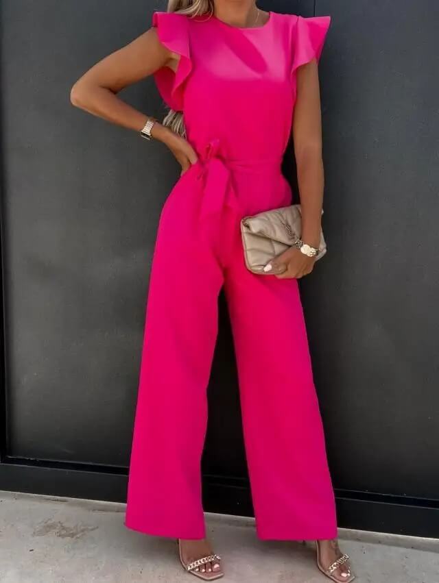 Women’s Wide Leg Jumpsuit with Ruffle Sleeves and Belted Waist