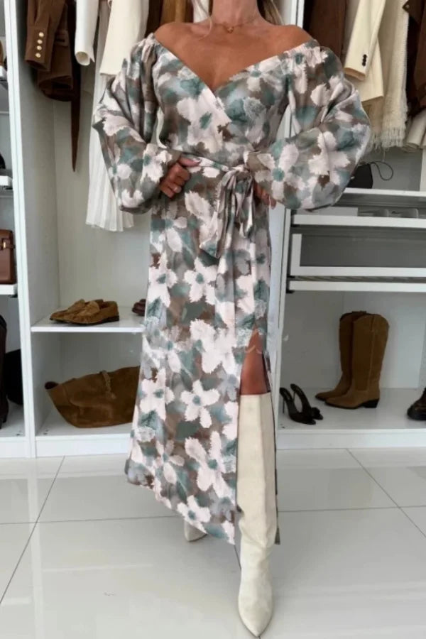 Women's Long Sleeve V-Neck Maxi Dress with Waist Tie and Side Slit Detail