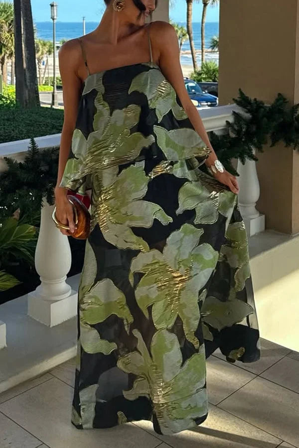 Women’s Maxi Gown with Embroidered Floral Applique and Sheer Mesh Overlay