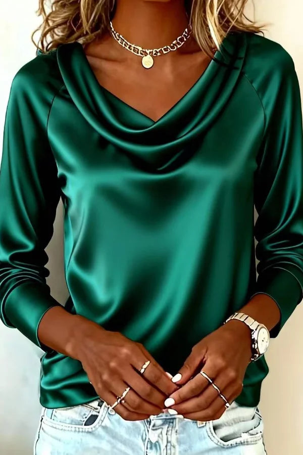 Women’s Satin Draped Blouse with Cowl Neckline and Long Cuffed Sleeves