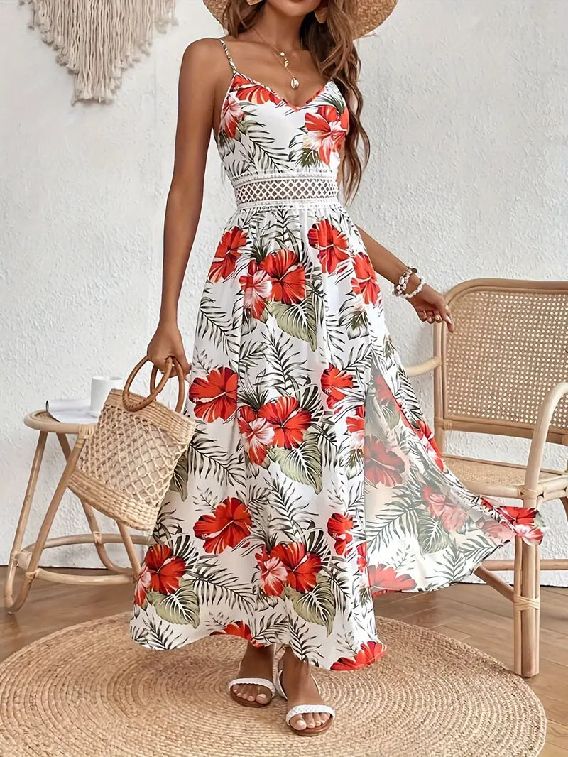 Women’s Maxi Dress Crochet Waist Tropical Print Summer Wedding Guest Gown