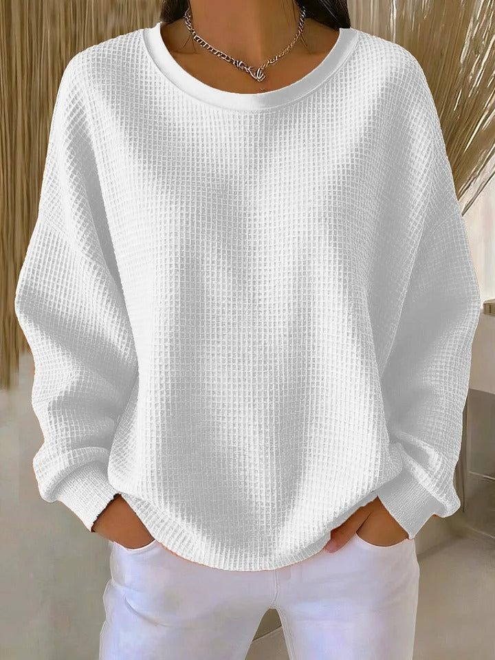 Women's Oversized Waffle Knit Dropped Shoulder Sweater With Ribbed Trim