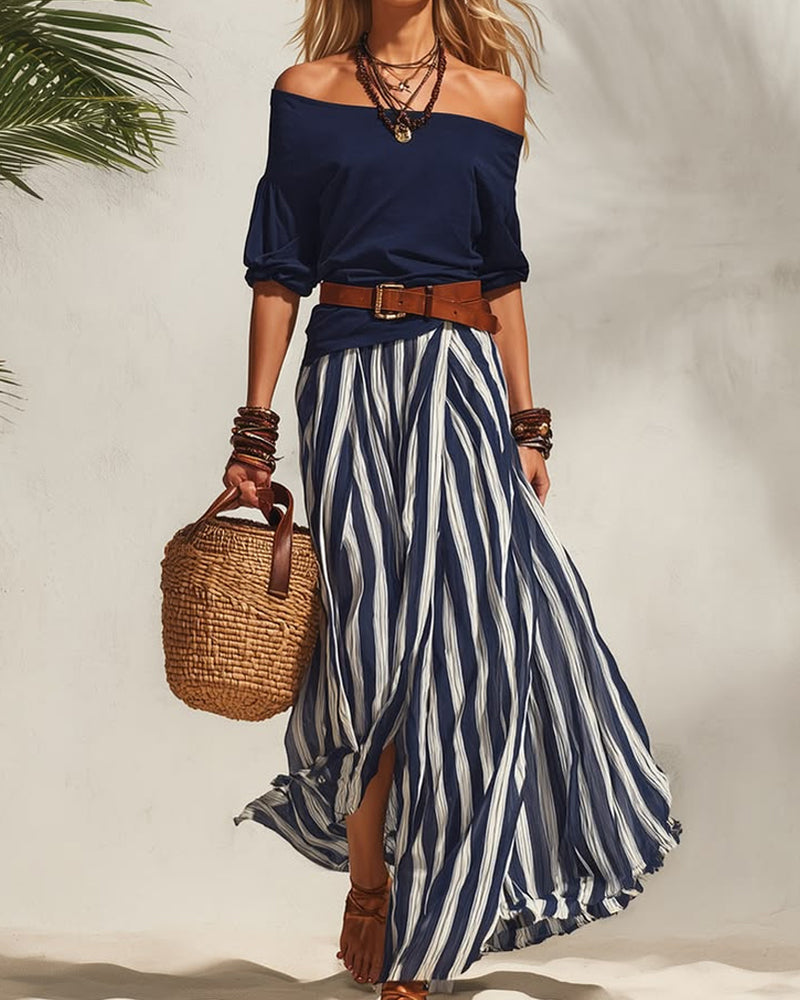 Women's Striped Maxi Skirt Set with Off-Shoulder Top for Effortless Style