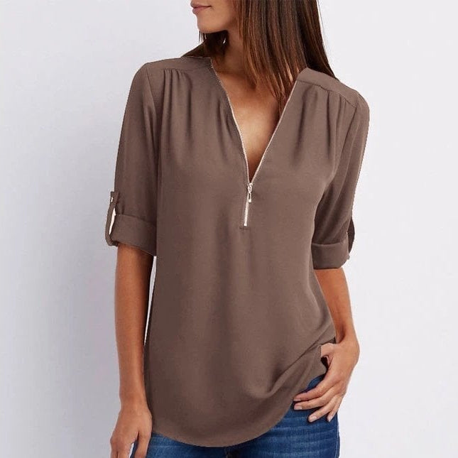 Women's Blouse Zip-Up V-Neck Roll-Tab Half Sleeve Casual Tunic Top