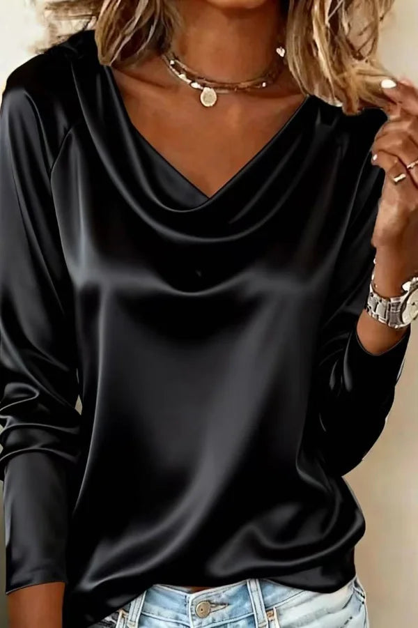 Women’s Satin Draped Blouse with Cowl Neckline and Long Cuffed Sleeves