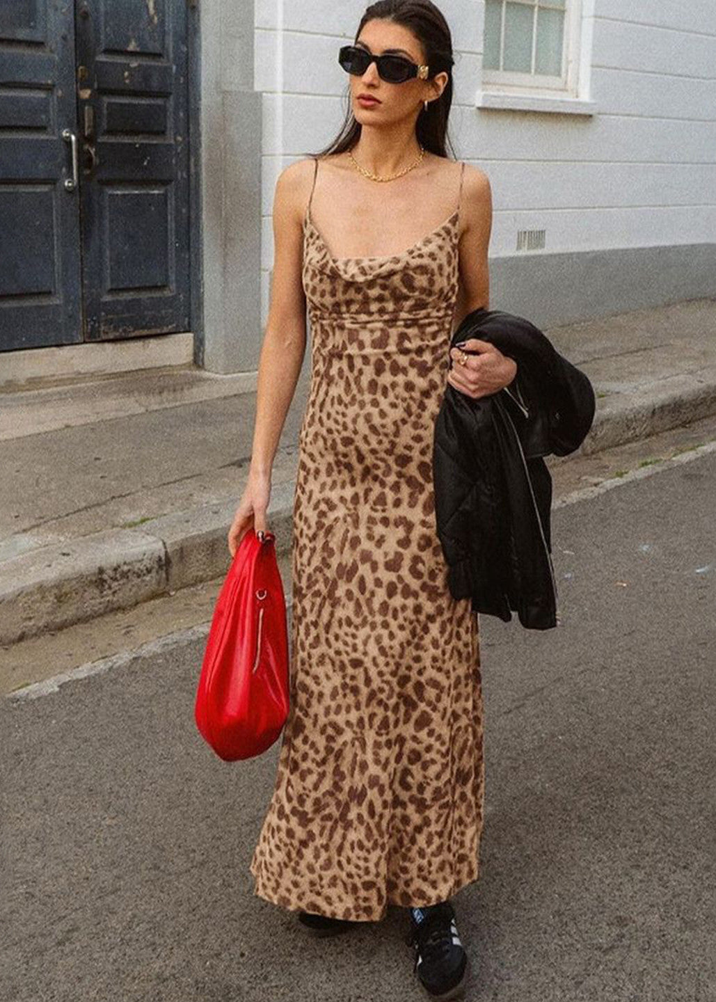 Women’s Maxi Dress Leopard Print Cowl Neck Spaghetti Strap Slip Silhouette