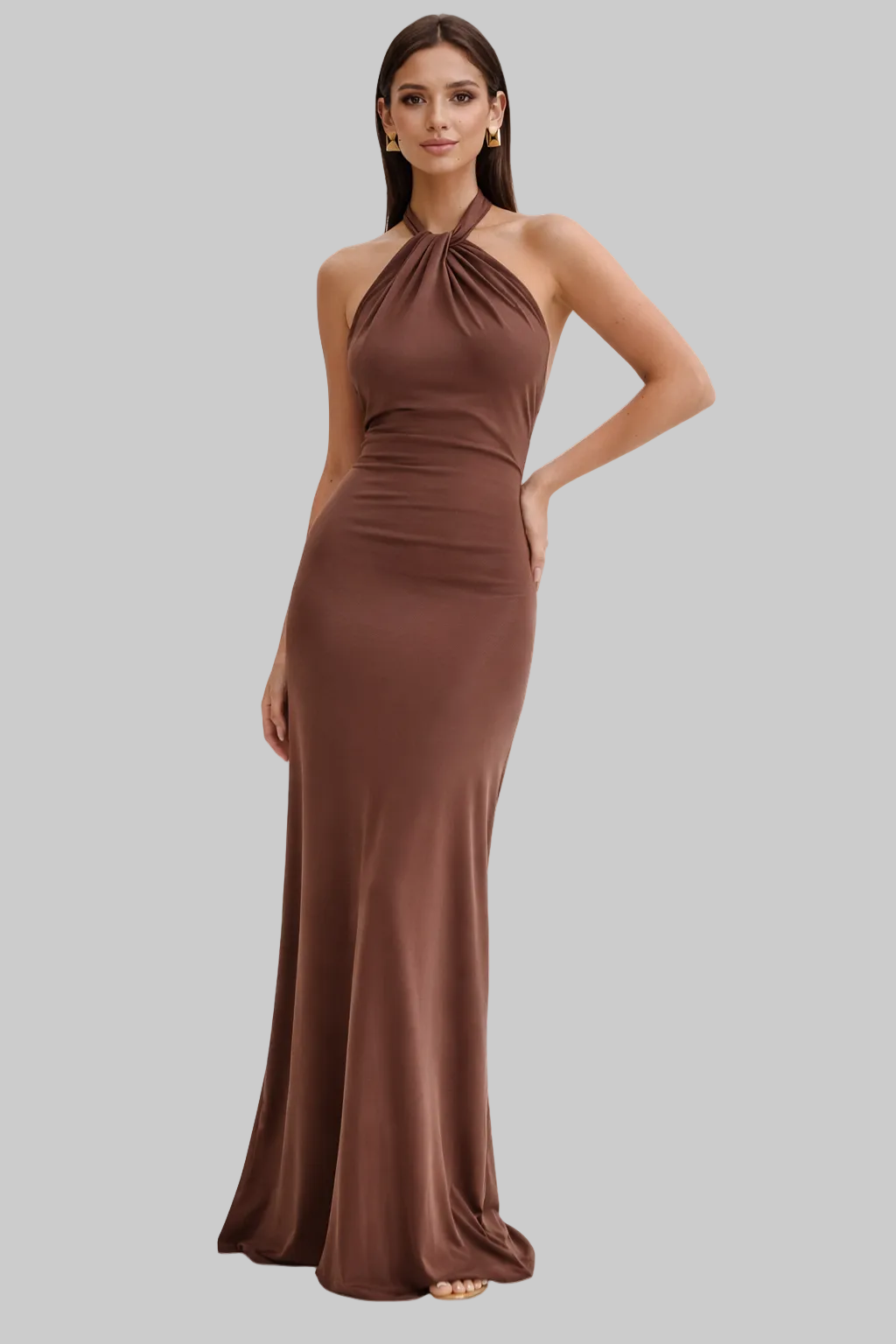 Women’s Maxi Dress with Twisted Knot Halter Neckline and Ruched Waist