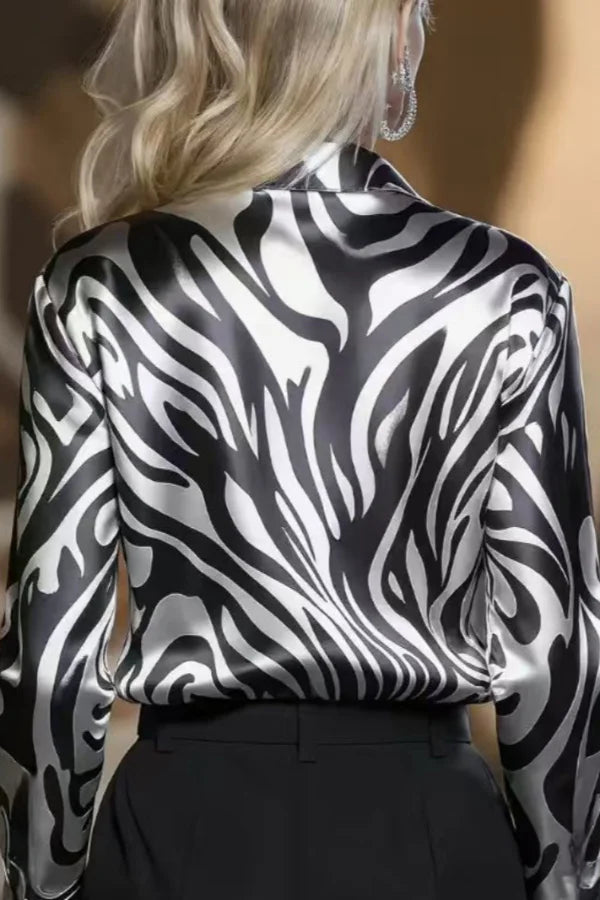 Women's Button Down Shirt with Zebra Print and Satin Liquid Sheen Finish
