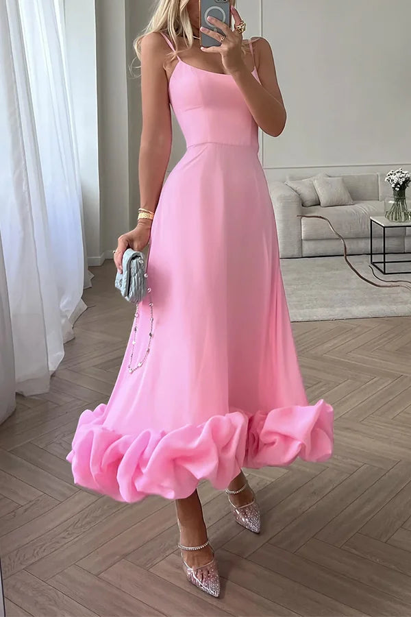 Women’s Flounce Hem Bustier Midi Dress with Tulle Ruffle Skirt