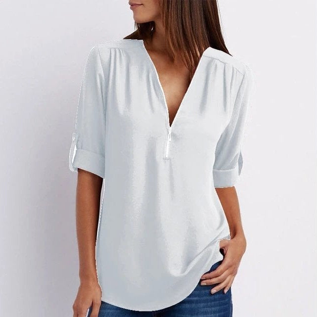 Women's Blouse Zip-Up V-Neck Roll-Tab Half Sleeve Casual Tunic Top