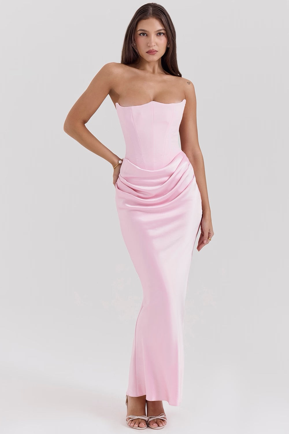 Women’s Strapless Maxi Dress Corset Bodice Draped Hip Wedding Guest Gown