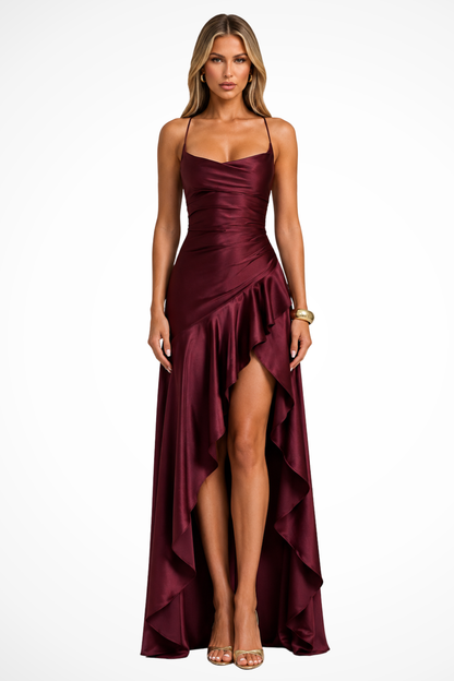 Women's Cowl Neck Side Slit Ruffle Wedding Guest Satin Maxi Dress