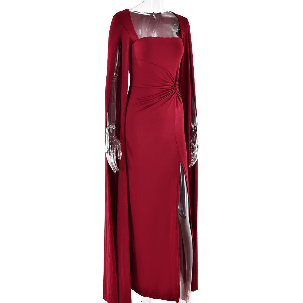 Women’s Square Neck Maxi Dress with Cape Sleeves and High Side Slit
