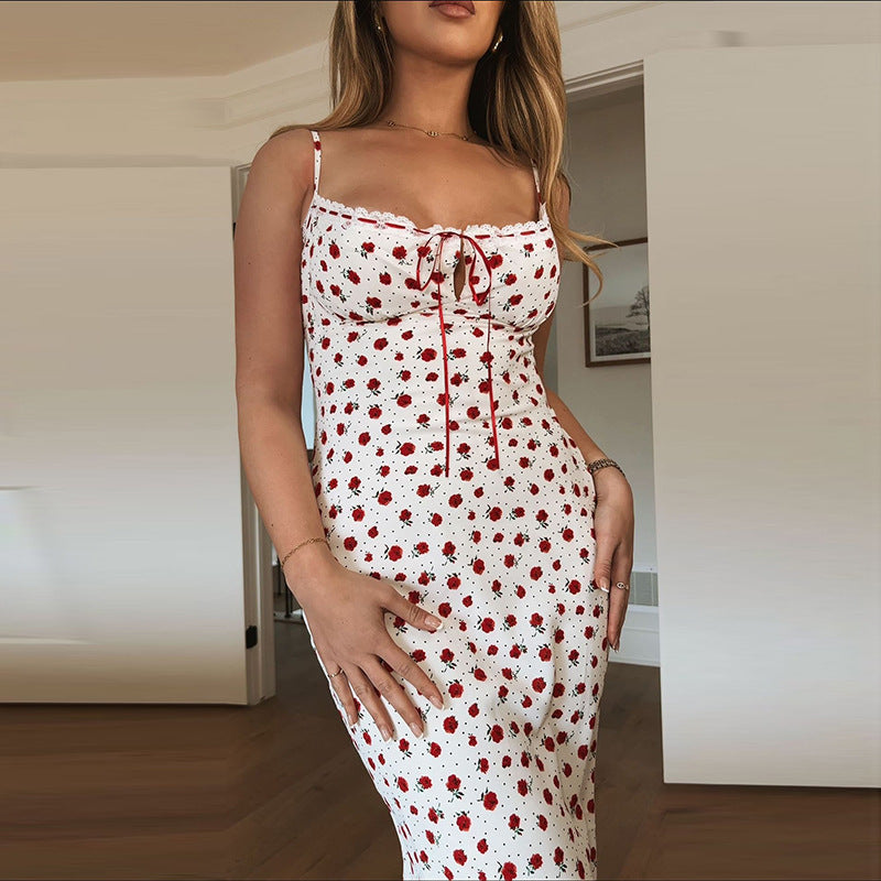 Women’s Floral Slip Maxi Dress with Tie Front Gathered Bust