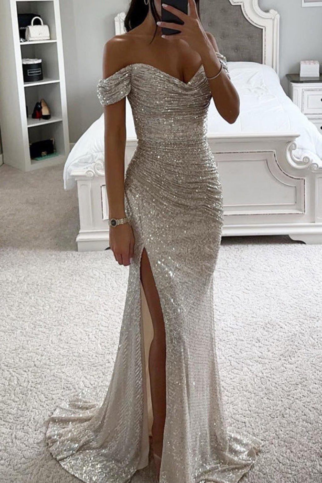 Women's Off Shoulder Side Slit Sequin Wedding Guest Maxi Dress