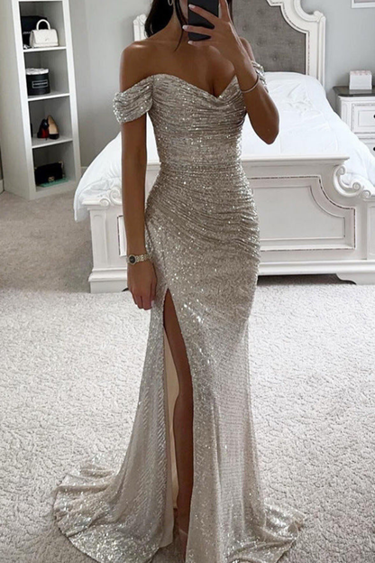 Women's Off Shoulder Side Slit Sequin Wedding Guest Maxi Dress