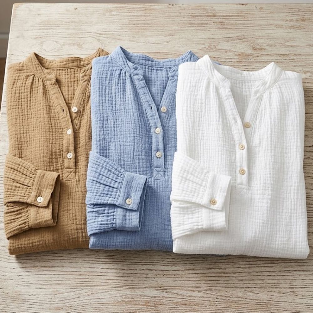 Women's Henley Blouse with Textured Gauze Fabric and Long Sleeves