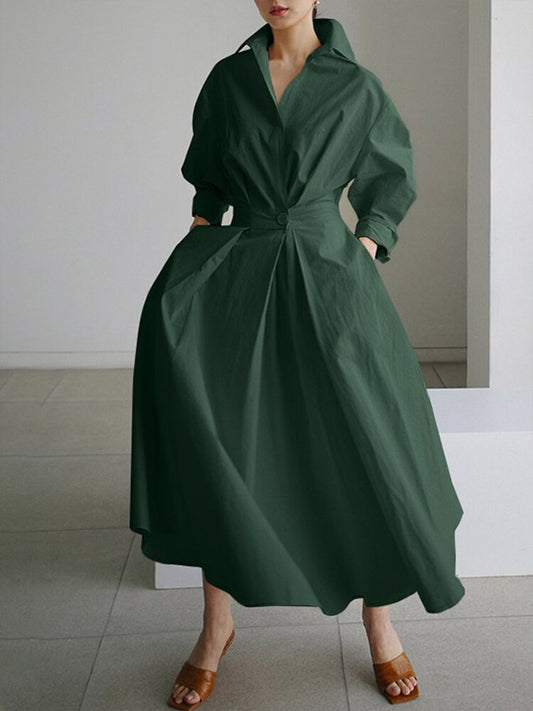 Women’s Shirt Maxi Dress with Cinched Waist and Voluminous Lantern Sleeves