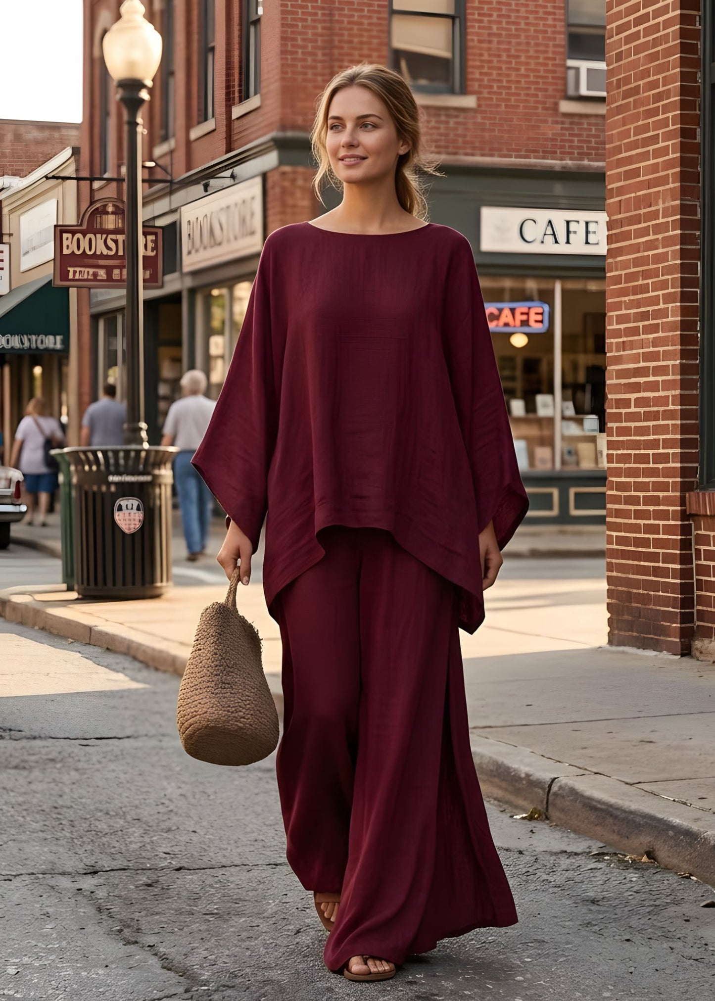 Women'sLinen Two-Piece Set with Cape Style Top and Wide Leg Pants