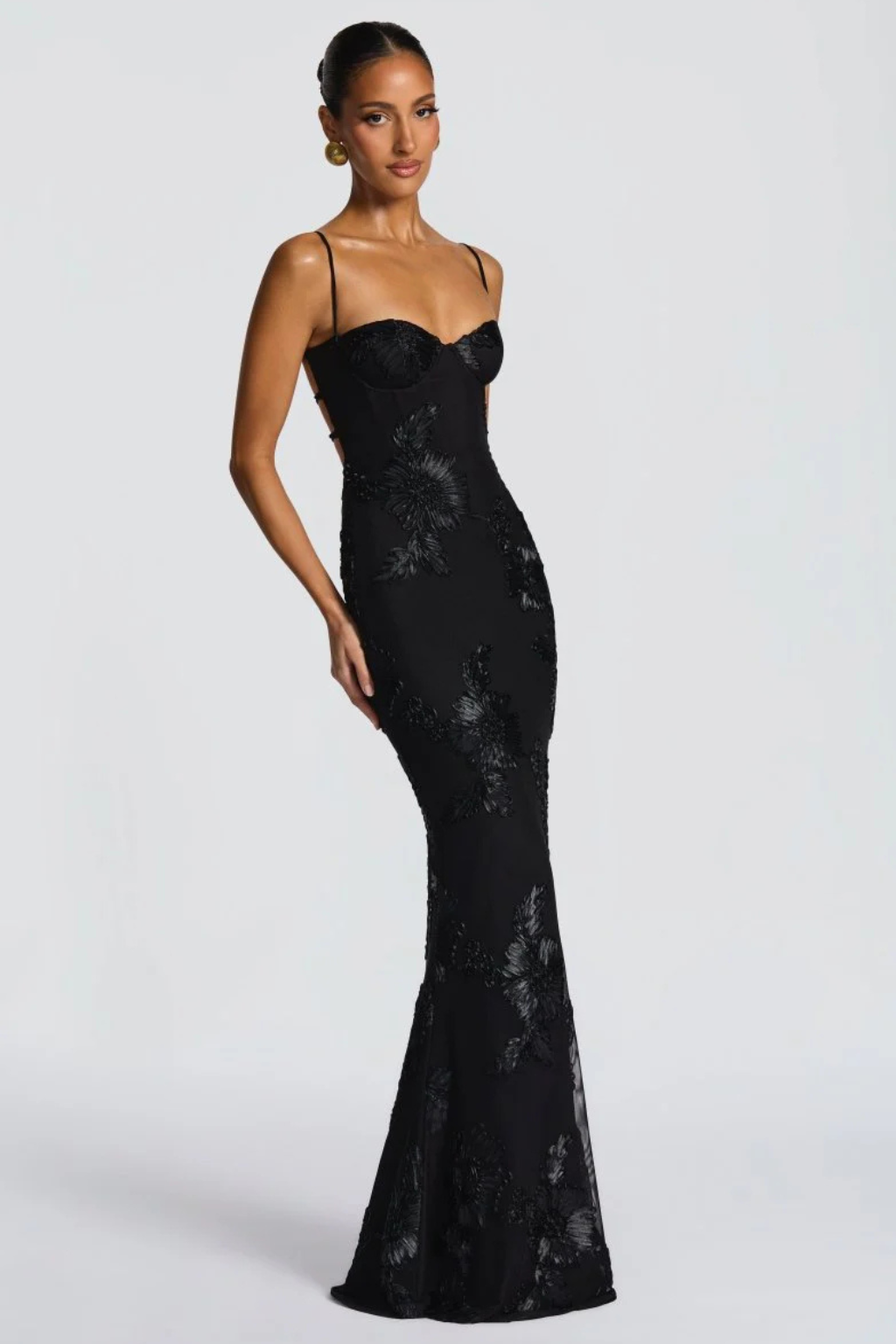 Women’s Maxi Dress with Underwire Corset Bodice and Satin Floral Embroidery