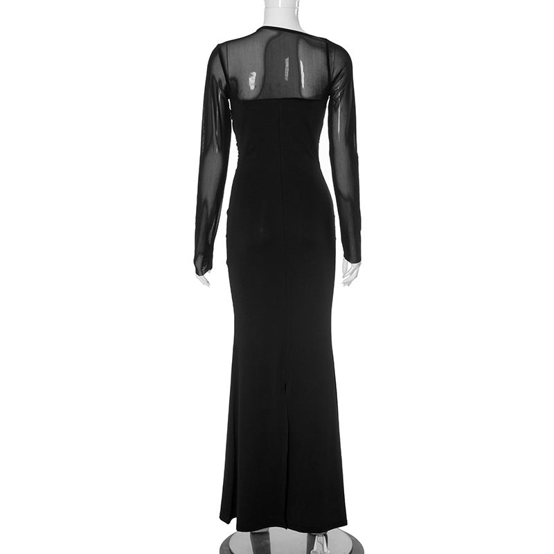 Women's Plunging Neck Cutout Maxi Dress with Long Sleeves